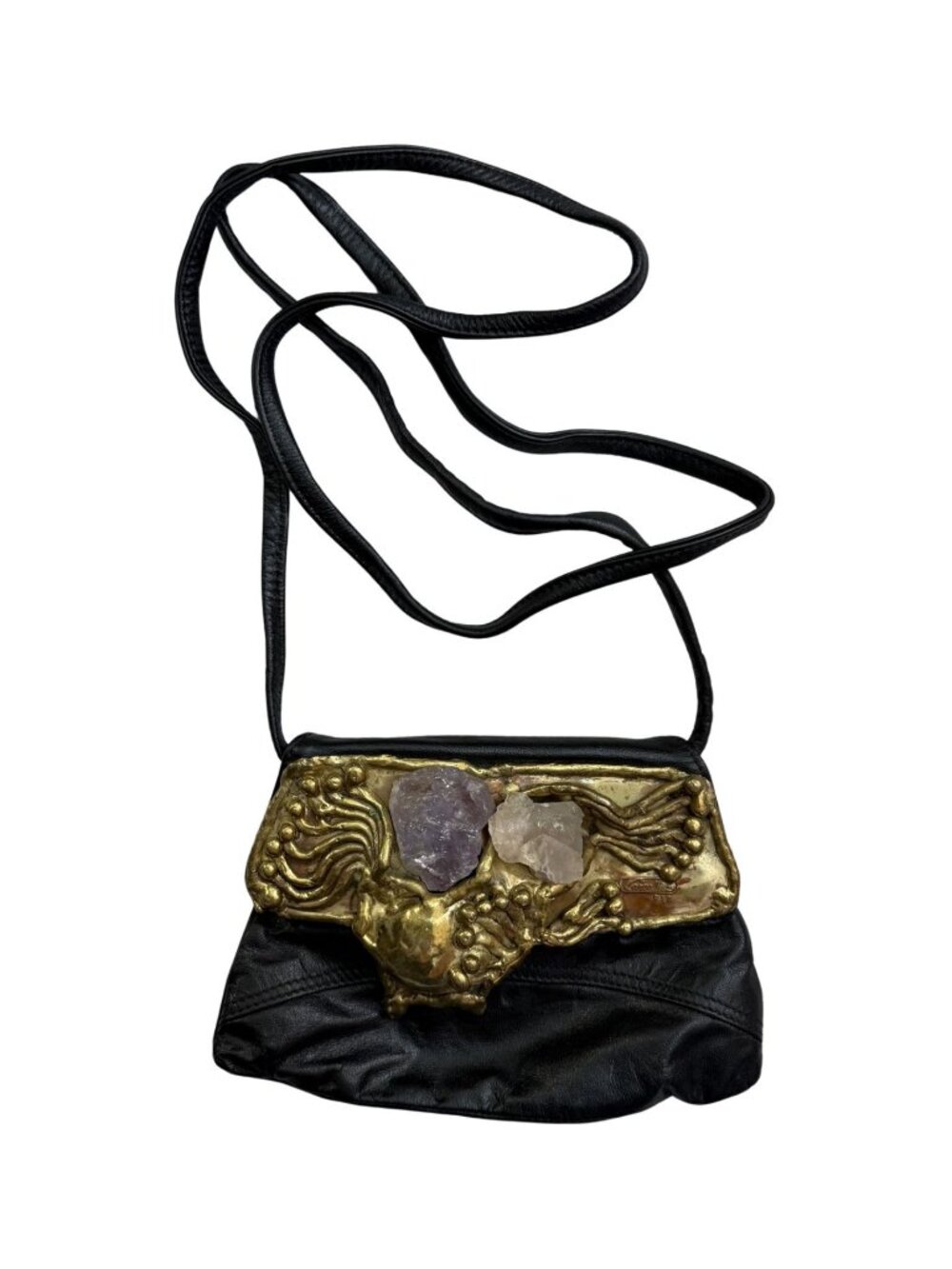 Carvalhu's Rio Vintage Black Leather amethyst Metal Bag EUC